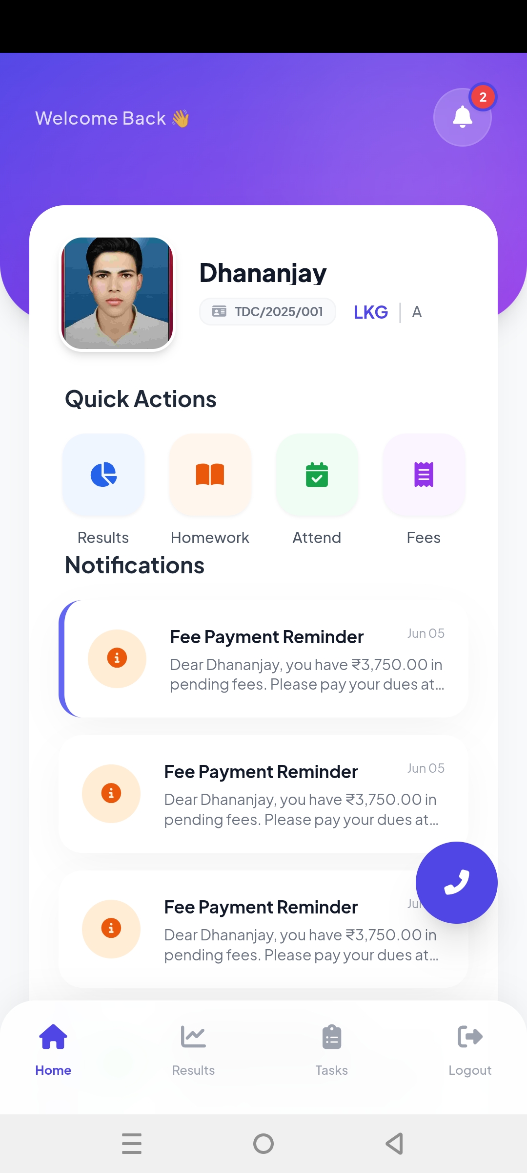 Student Parent App Screen Mockup